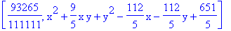 [93265/111111, x^2+9/5*x*y+y^2-112/5*x-112/5*y+651/5]